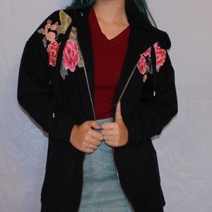 Oversized, Black, Zip-up, Embroidered Hoodie